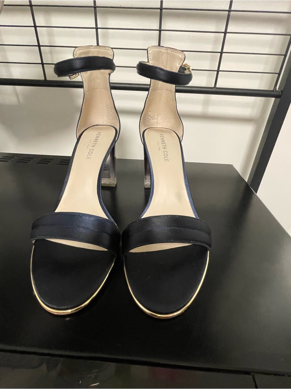 Kenneth Cole Satin Navy and Gold Ankle-Strap Open-Toe Heels
